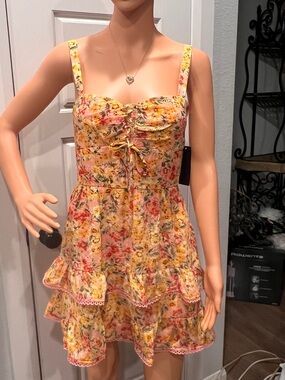 City Triangle Yellow Floral Tiered Sundress with Tie Front